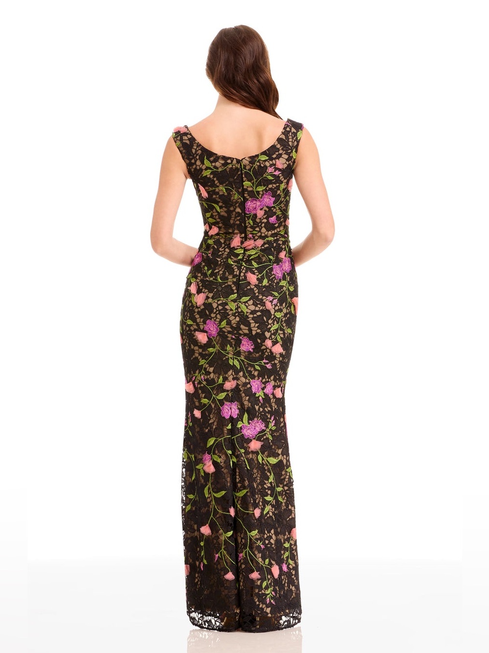 DRESS THE POPULATION Josie Floral Appliqué Sleeveless Gown In Black Multi Size S - Picture 9 of 17